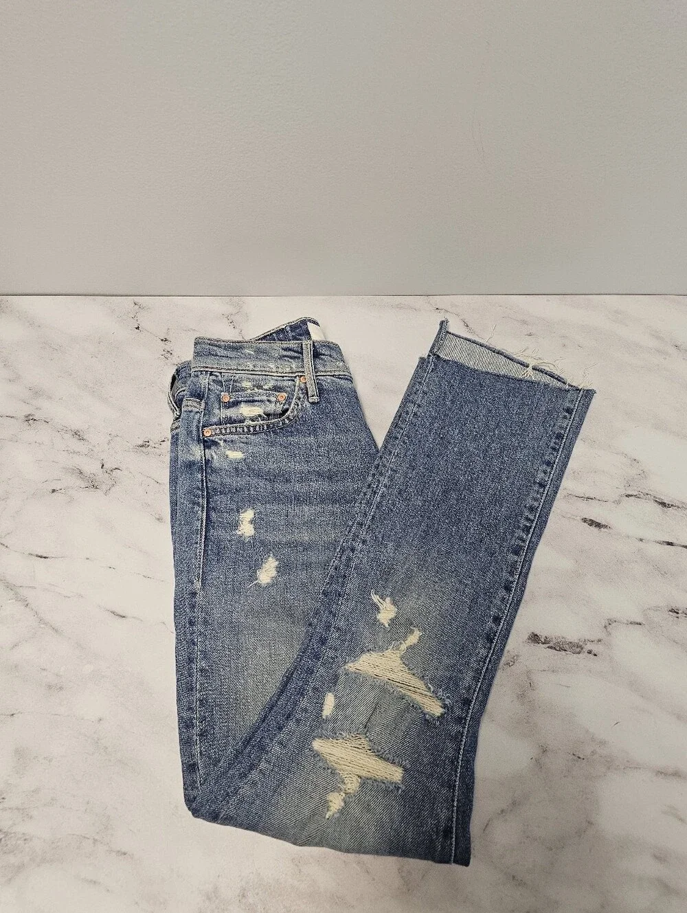 MOTHER The Insider Crop Step Fray‎ Distressed High Straight Leg Blue Jeans 24